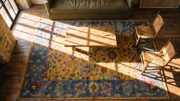 Happy yellow antique cotton pile indian agra floral rug 2 Happy yellow antique cotton pile indian agra floral rug (sku 21345) - styled overhead view