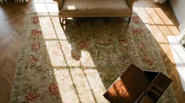 Antique herekeh turkish knotted square rug 2 Antique herekeh turkish knotted square rug (sku 25236) - styled overhead view