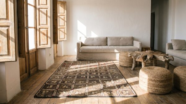 Hooked 1900s small scatter size wool american antique ivory rug 10 Hooked 1900s small scatter size wool american antique ivory rug (sku 19447) - room view