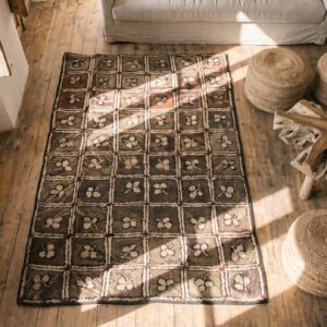 Hooked 1900s Small Scatter Size Wool American Antique Ivory Rug (SKU 19447) - styled overhead view
