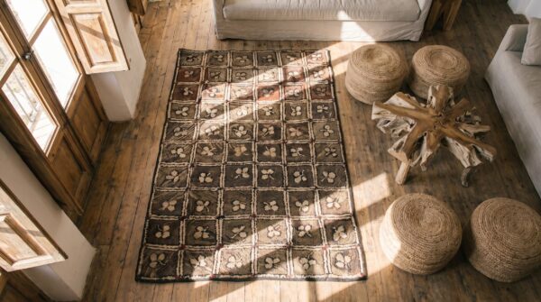 Hooked 1900s small scatter size wool american antique ivory rug 2 Hooked 1900s small scatter size wool american antique ivory rug (sku 19447) - styled overhead view