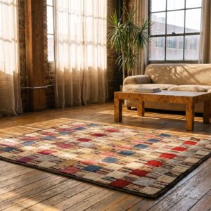Hooked Wool Antique 1930s American Multicolor Square Small Scatter Size Rug (SKU 20489) - room view