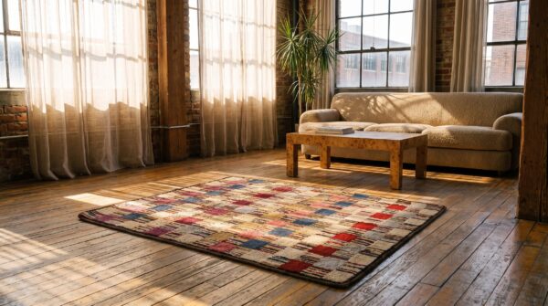 Hooked wool antique 1930s american multicolor square small scatter size rug (sku 20489) - room view