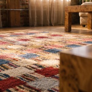 Hooked Wool Antique 1930s American Multicolor Square Small Scatter Size Rug (SKU 20489) - in-room detail