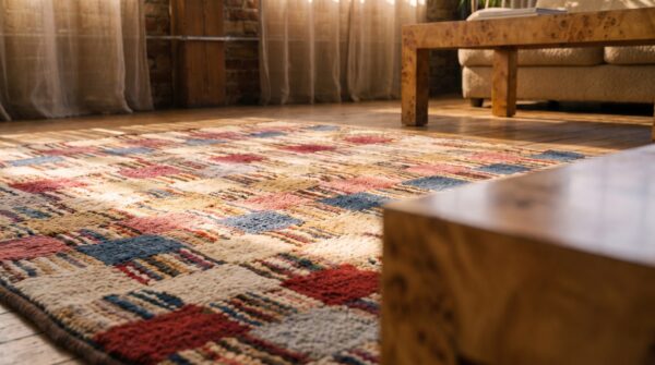 Hooked wool antique 1930s american multicolor square small scatter size rug (sku 20489) - in-room detail