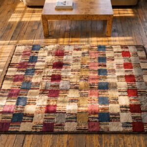 Hooked Wool Antique 1930s American Multicolor Square Small Scatter Size Rug (SKU 20489) - styled overhead view