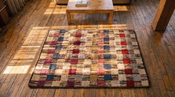 Hooked wool antique 1930s american multicolor square small scatter size rug (sku 20489) - styled overhead view