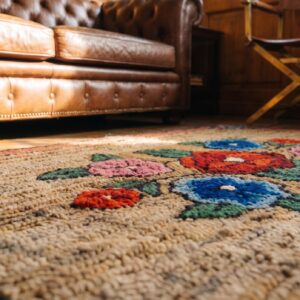 Wool Hooked Antique 1930s Small Scatter Size American Ivory Rug (SKU 18696) - in-room detail