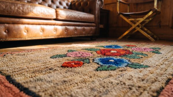 Wool hooked antique 1930s small scatter size american ivory rug (sku 18696) - in-room detail