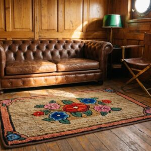 Wool Hooked Antique 1930s Small Scatter Size American Ivory Rug (SKU 18696) - styled overhead view