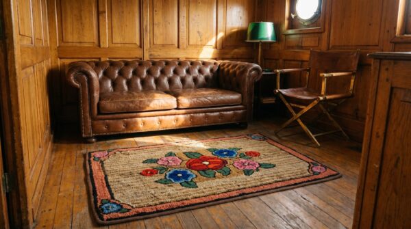 Wool hooked antique 1930s small scatter size american ivory rug (sku 18696) - styled overhead view