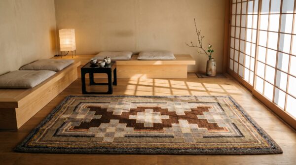 Hooked wool antique american 1925 small scatter size multicolor rug (sku 20530) - room view