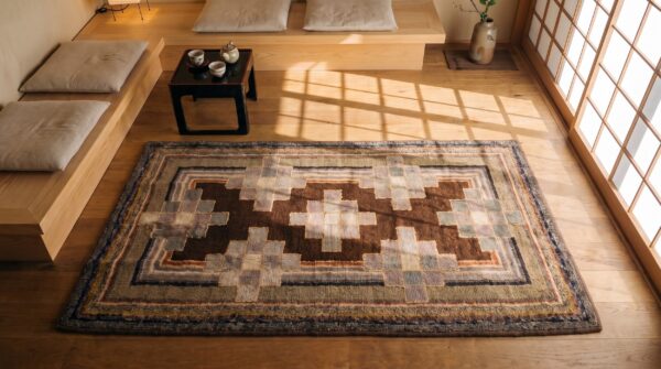 Hooked wool antique american 1925 small scatter size multicolor rug (sku 20530) - styled overhead view