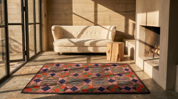 Hooked american 1930s small scatter size wool antique multicolor rug (sku 20544) - room view
