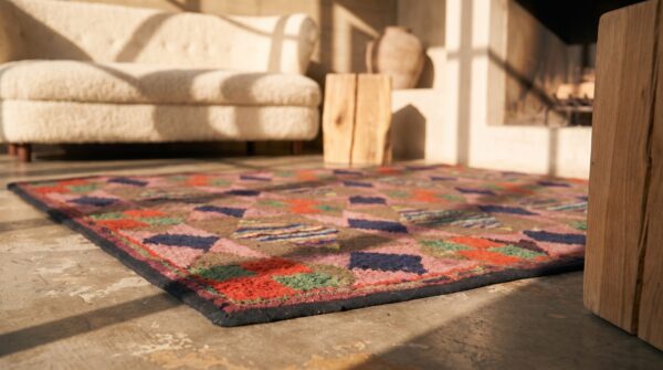 Hooked american 1930s small scatter size wool antique multicolor rug (sku 20544) - in-room detail