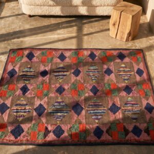 Hooked American 1930s Small Scatter Size Wool Antique Multicolor Rug (SKU 20544) - styled overhead view
