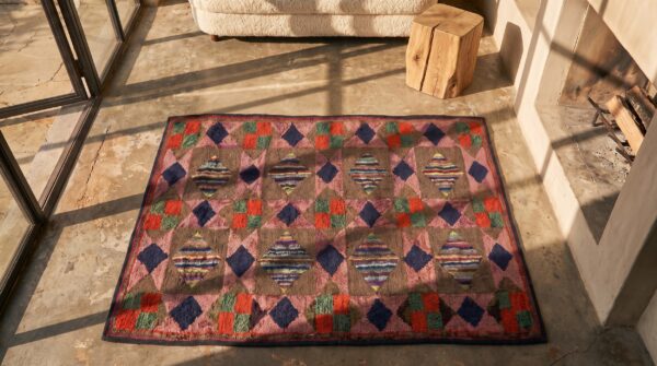 Hooked american 1930s small scatter size wool antique multicolor rug (sku 20544) - styled overhead view