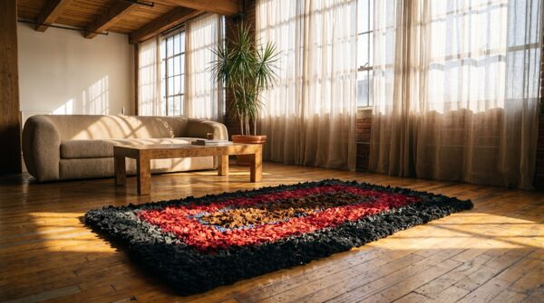Hooked american multicolor square 1920s antique wool rug 6 Hooked american multicolor square 1920s antique wool rug (sku 20603) - room view