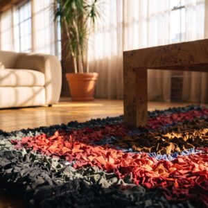 Hooked American Multicolor Square 1920s Antique Wool Rug (SKU 20603) - in-room detail