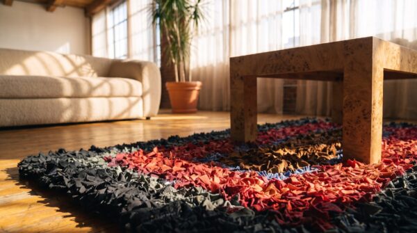 Hooked american multicolor square 1920s antique wool rug 7 Hooked american multicolor square 1920s antique wool rug (sku 20603) - in-room detail