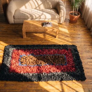 Hooked American Multicolor Square 1920s Antique Wool Rug (SKU 20603) - styled overhead view