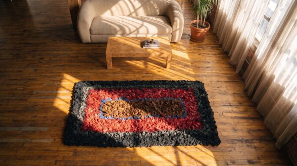 Hooked american multicolor square 1920s antique wool rug 2 Hooked american multicolor square 1920s antique wool rug (sku 20603) - styled overhead view