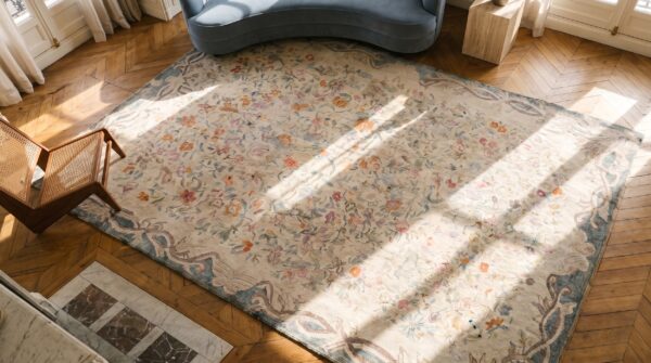 Hooked american wool antique room size ivory 1930s rug 2 Hooked american wool antique room size ivory 1930s rug (sku 19150) - styled overhead view