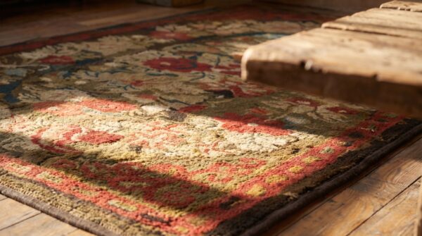 Antique hooked american wool small scatter size 1890s rug 9 Antique hooked american wool small scatter size 1890s rug (sku 18414) - in-room detail