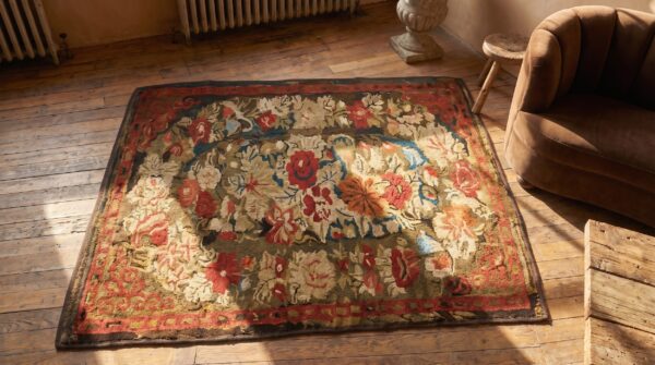 Antique hooked american wool small scatter size 1890s rug 2 Antique hooked american wool small scatter size 1890s rug (sku 18414) - styled overhead view