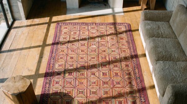 Hooked american antique wool small scatter size 1920s rug 2 Hooked american antique wool small scatter size 1920s rug (sku 19709) - styled overhead view