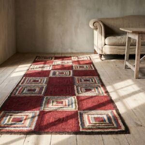 Antique Hooked Folk Art Log Cabin Design American Small Scatter Size Rug (SKU 19097) - room view