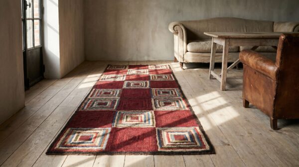 Antique hooked folk art log cabin design american small scatter size rug 7 Antique hooked folk art log cabin design american small scatter size rug (sku 19097) - room view