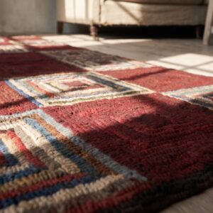 Antique Hooked Folk Art Log Cabin Design American Small Scatter Size Rug (SKU 19097) - in-room detail