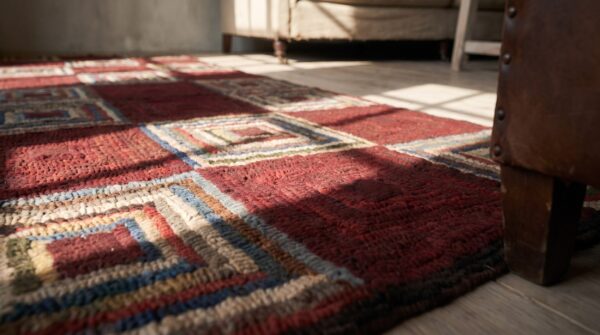 Antique hooked folk art log cabin design american small scatter size rug 8 Antique hooked folk art log cabin design american small scatter size rug (sku 19097) - in-room detail