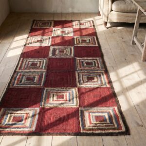 Antique Hooked Folk Art Log Cabin Design American Small Scatter Size Rug (SKU 19097) - styled overhead view