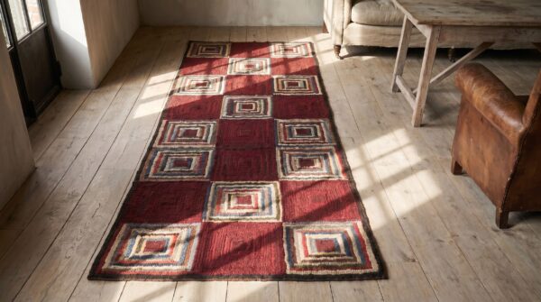 Antique hooked folk art log cabin design american small scatter size rug 2 Antique hooked folk art log cabin design american small scatter size rug (sku 19097) - styled overhead view