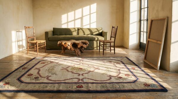Hooked hallway runner 1930s antique american ivory wool rug 9 Hooked hallway runner 1930s antique american ivory wool rug (sku 19925) - room view