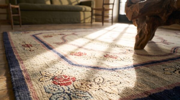 Hooked hallway runner 1930s antique american ivory wool rug 10 Hooked hallway runner 1930s antique american ivory wool rug (sku 19925) - in-room detail