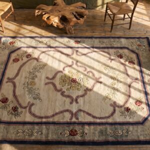 Hooked Hallway Runner 1930s Antique American Ivory Wool Rug (SKU 19925) - styled overhead view
