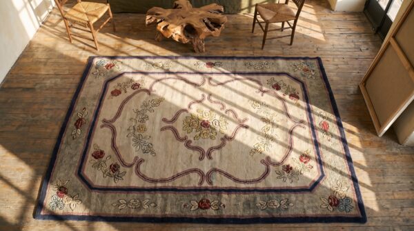 Hooked hallway runner 1930s antique american ivory wool rug 2 Hooked hallway runner 1930s antique american ivory wool rug (sku 19925) - styled overhead view