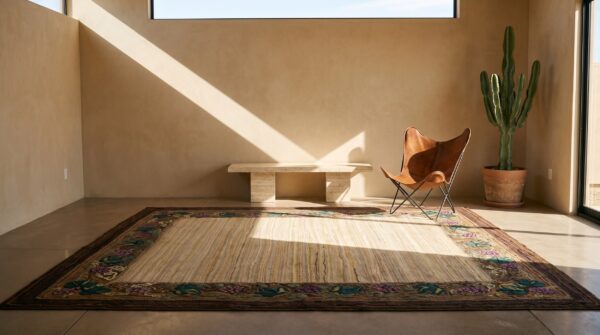 Hooked antique room size 1920s american ivory wool rug 8 Hooked antique room size 1920s american ivory wool rug (sku 21268) - room view