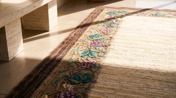 Hooked antique room size 1920s american ivory wool rug 9 Hooked antique room size 1920s american ivory wool rug (sku 21268) - in-room detail