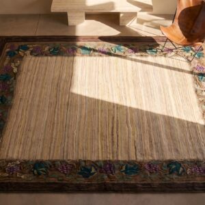 Hooked Antique Room Size 1920s American Ivory Wool Rug (SKU 21268) - styled overhead view