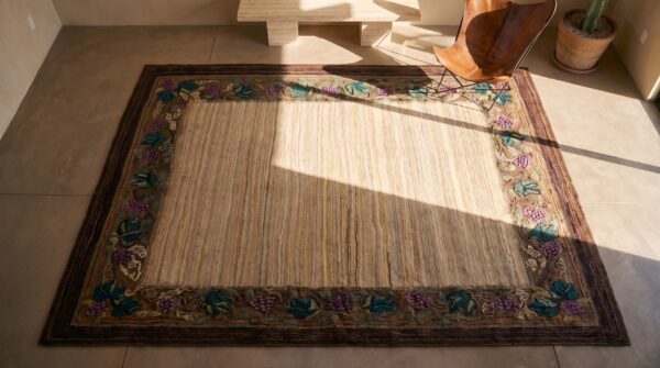 Hooked antique room size 1920s american ivory wool rug 2 Hooked antique room size 1920s american ivory wool rug (sku 21268) - styled overhead view