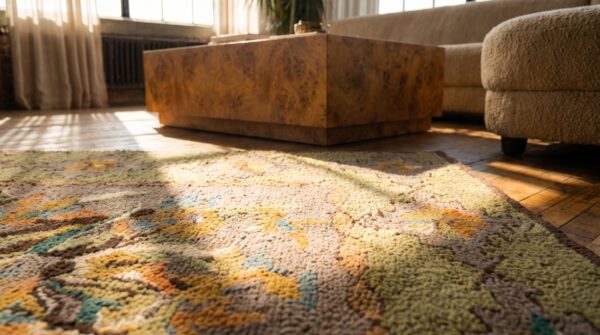 Hooked small scatter size antique american wool 1930s rug 9 Hooked small scatter size antique american wool 1930s rug (sku 17846) - in-room detail