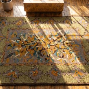 Hooked Small Scatter Size Antique American Wool 1930s Rug (SKU 17846) - styled overhead view