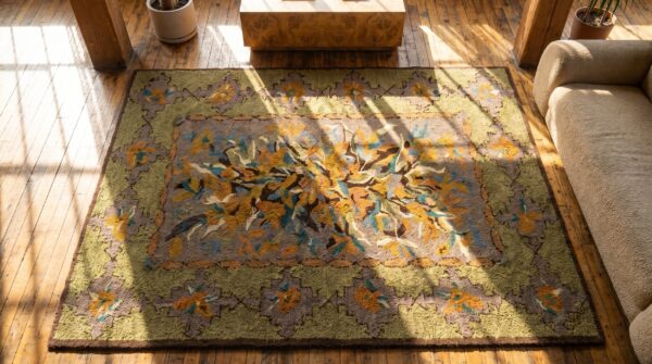 Hooked small scatter size antique american wool 1930s rug 2 Hooked small scatter size antique american wool 1930s rug (sku 17846) - styled overhead view