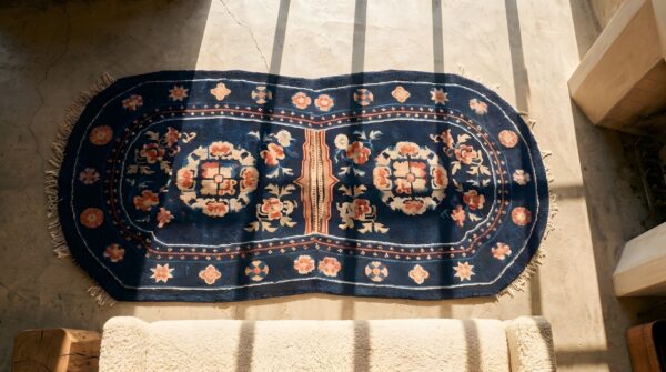 Antique horse saddle cover chinese blue color wool rug 2 Antique horse saddle cover chinese blue color wool rug (sku 22036) - styled overhead view