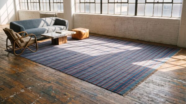 Antique huge oversized striped blue color indian dhurrie carpet 8 Antique huge oversized striped blue color indian dhurrie carpet (sku 21530) - room view
