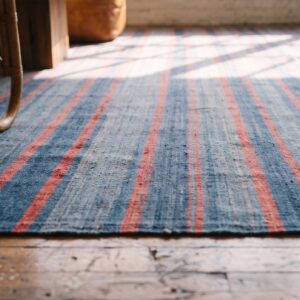 Antique Huge Oversized Striped Blue Color Indian Dhurrie Carpet (SKU 21530) - in-room detail